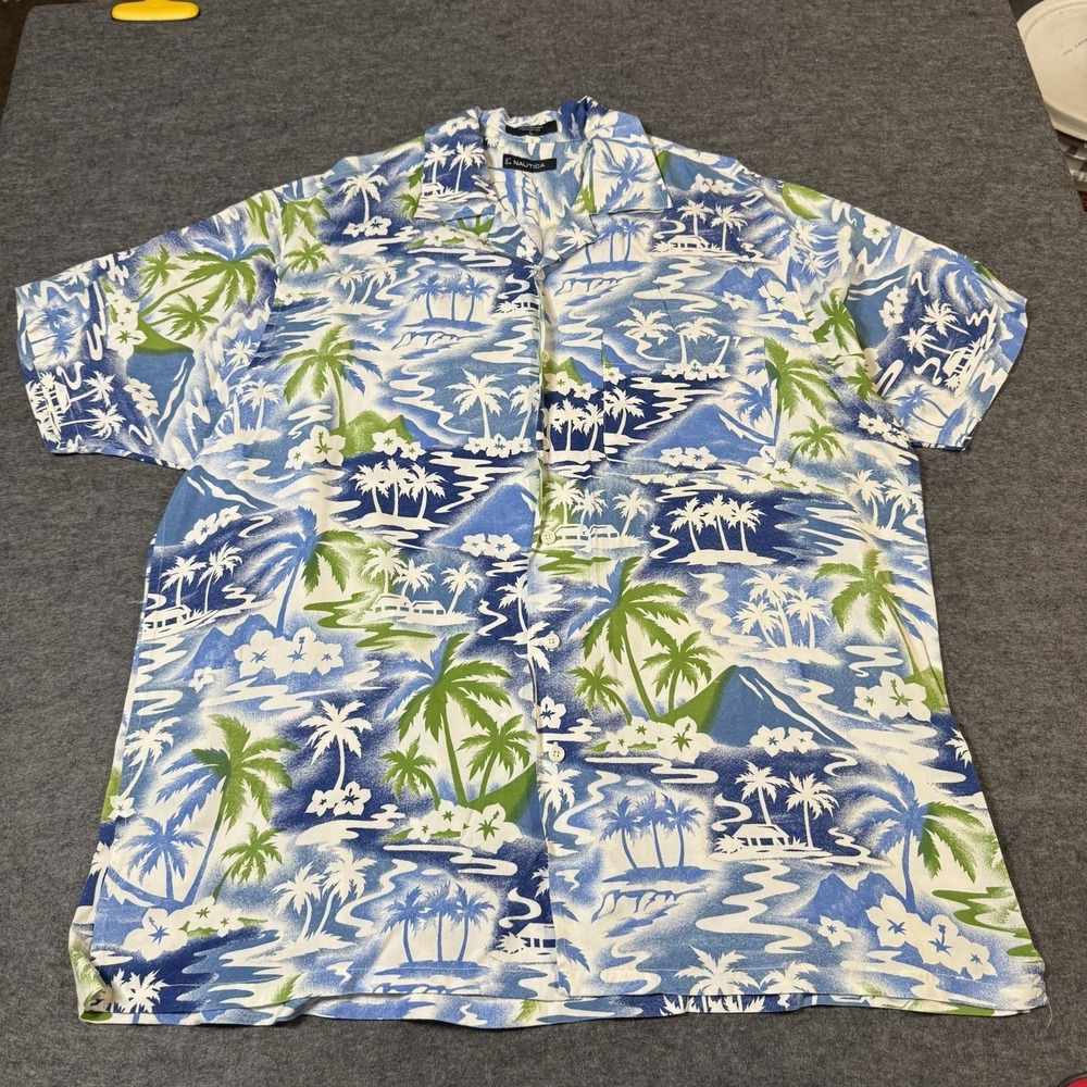 Vintage Nautica‎ 100% Rayon Hawaiian Palm Tree Button Shirt Mens L Aloha Retro